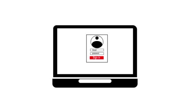 笔记本电脑屏幕显示登录页与电子邮件密码字段和登录按钮动画在一个白色背景 — 图库视频影像