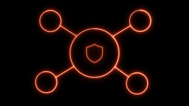 Conceito Rede Cibersegurança Neon Com Ícones Brilhantes Animados Fundo Escuro — Vídeo de Stock