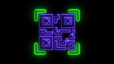 Parlak mavi ve yeşil kenarlı neon QR kodu siyah arkaplan üzerinde canlandırılmış.
