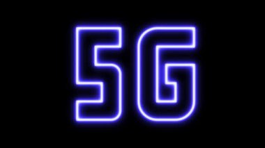 Siyah arkaplanda mavi renkli 5G yazısıyla parlayan neon işareti.