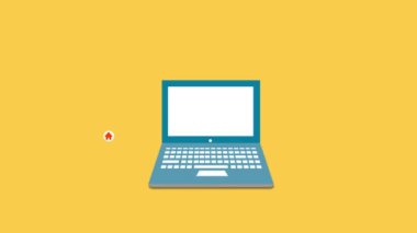 İnternet ev müziği için simgeli dizüstü bilgisayarlar ve sarı bir arkaplanda arama canlandırması.