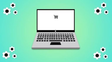 Buy Now 'un ekranda olduğu dizüstü bilgisayar çevrimiçi alışveriş konsepti renkli arka plan canlandırması.