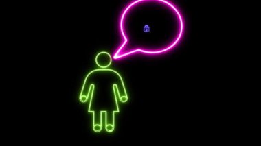 Siyah arkaplanda asma kilit simgesi içeren bir konuşma balonuna sahip neon kişi.