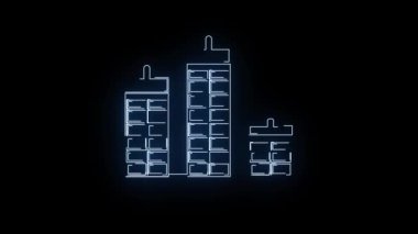 Neon parıldayan şehir silueti, beyaz arka planda üç gökdelen canlandırması..