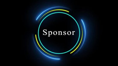 Siyah zemin üzerinde neon mavi ve sarı daireler bulunan soyut sponsor logosu.