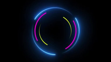 Parlak mavi, pembe ve sarı ışıklı soyut neon halkalar koyu arkaplanda canlandırılmış..
