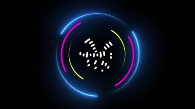 Parlayan neon halkaları ve fütüristik elementlerle donatılmış soyut teknoloji arka planı koyu bir zemin üzerinde canlandırılıyor..