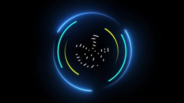 Parlayan neon halkaları ve fütüristik elementlerle donatılmış soyut teknoloji arka planı koyu bir zemin üzerinde canlandırılıyor..