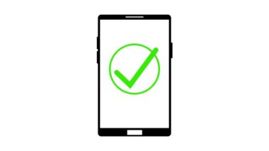 Onaylanmış onay işareti simgesine sahip akıllı telefon beyaz bir arkaplanda canlandırıldı.