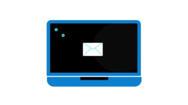 Ekranda e- posta dişlisi simgesi olan dizüstü bilgisayar beyaz bir arkaplanda canlandırıldı.