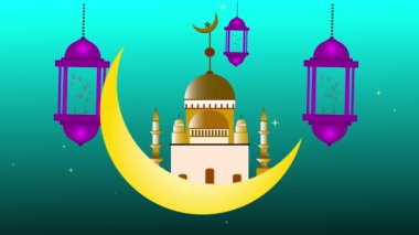 Animasyon Ramazan Kareem hilal ile selamlıyor ve renkli bir arkaplanda fenerler asıyor.