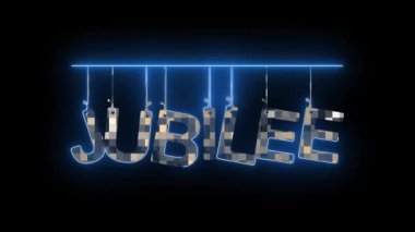 Üzerinde parlak mavi harflerle JUBILEE sözcüğü olan neon işareti koyu bir arkaplanda canlandırılmış..