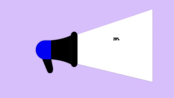Megáfono Azul Animado Sobre Fondo Púrpura Con Anuncio Descuento — Vídeo de stock