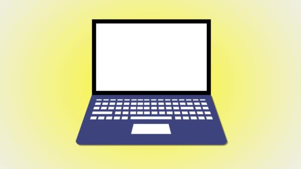 屏幕上带有黄色背景动画的网上商店的笔记本电脑 — 图库视频影像