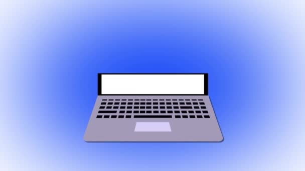 屏幕上印有购物车图标的笔记本电脑 蓝色背景动画 — 图库视频影像