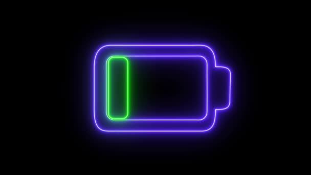 Neon Zářící Nabíjecí Ikona Baterie Animované Černém Pozadí — Stock video