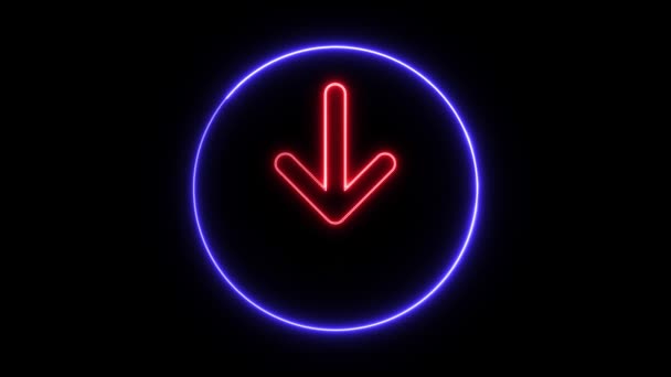 带有蓝色圆圈和红色箭头的霓虹灯标志 向下指向黑色背景上的动画效果 — 图库视频影像