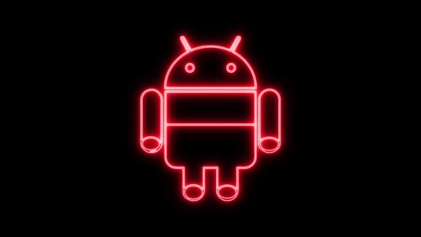 Neon Android Logotyp Animerad Svart Bakgrund — Stockvideo