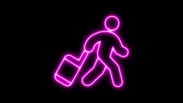 黒い背景にピンクを輝かせるスーツケースを持つアニメーションネオンサインの人 — ストック動画