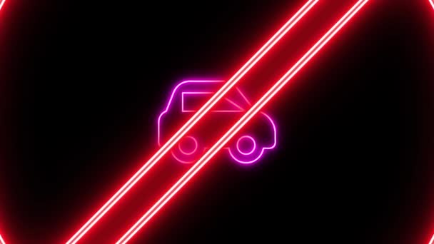 Neon Sign Red Prohibition Symbol Car Icon Animated Black Background — Stock Video