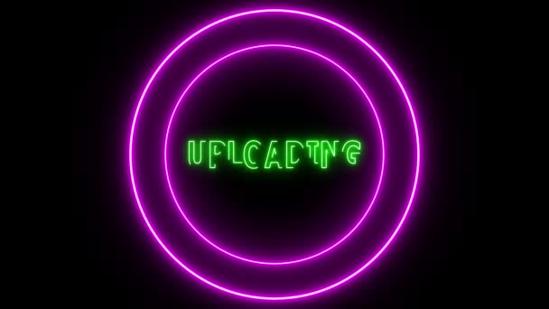 Ladda Upp Text Och Neon Glödande Cirkel Animerad Svart Bakgrund — Stockvideo