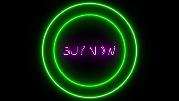 霓虹灯招牌上写着 现在就买紫色的双绿色圆圈 用黑色底色作动画 — 图库视频影像