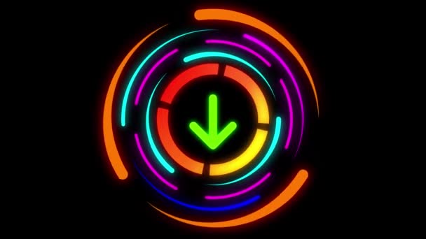 Neonové Kruhové Šipky Zářící Šipkou Dolů Uprostřed Animované Černém Pozadí — Stock video