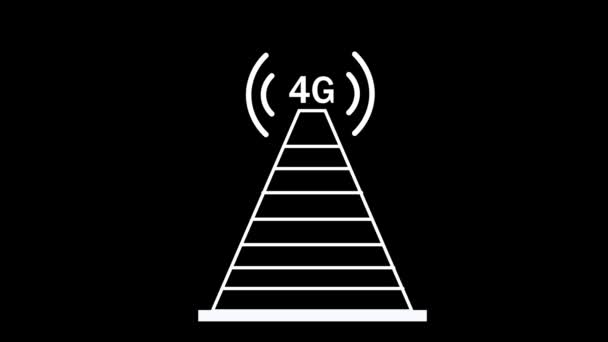 4G带信号波在黑色背景下动画的蜂窝状网络塔图标 — 图库视频影像