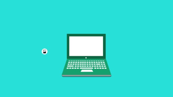 Laptop Com Ícones Para Conceito Transferência Arquivos Animado Fundo Ciano — Vídeo de Stock