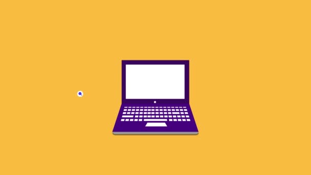 带有代表各种数字操作的图标的笔记本电脑 如在黄色背景下下载和上传动画 — 图库视频影像