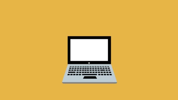 電子メールマネーBluetoothを表すアイコンと黄色の背景にアニメーションされたファイル転送を表すラップトップ — ストック動画