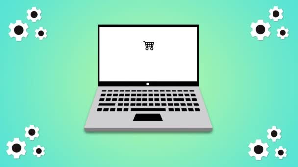 Laptop Med Köp Skärmen Online Shopping Koncept Animerad Färgglad Bakgrund — Stockvideo