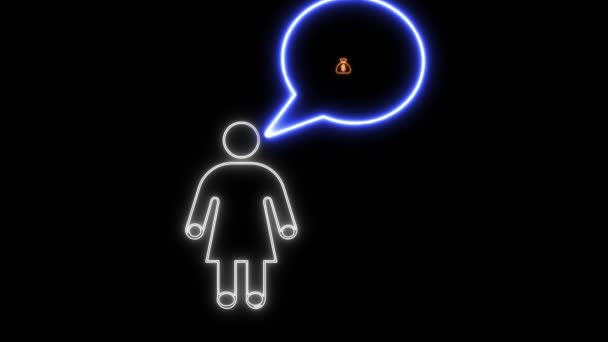 Neon Person Speech Bubble Money Bag Symbol Animated Black Background — Stock Video