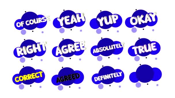 白い背景にアニメーションされた単語の多彩な泡の形 — ストック動画