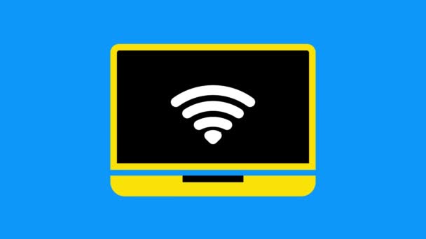 Laptop Met Signaal Geanimeerd Een Blauwe Achtergrond — Stockvideo