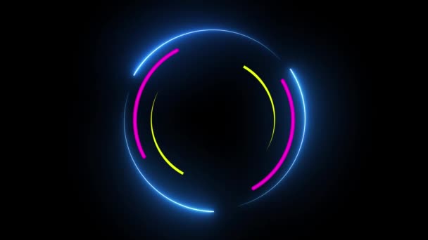 Abstract Neon Cirkels Met Gloeiend Blauw Roze Geel Licht Geanimeerd — Stockvideo