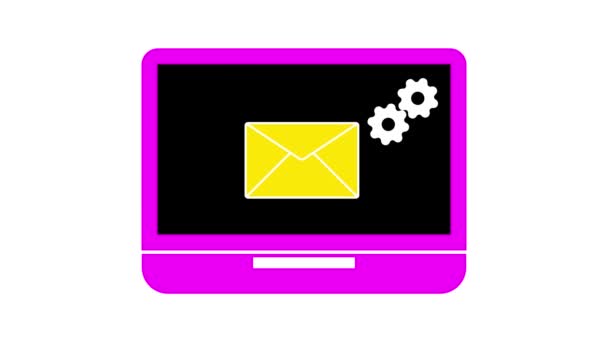 粉红笔记本电脑 屏幕邮件图标上有信封和齿轮 白色背景为动画 — 图库视频影像