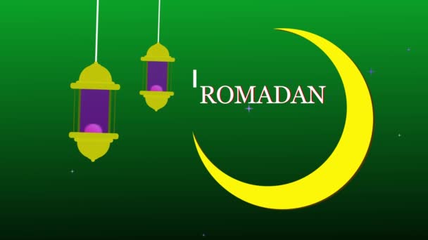Ramadan Kareem Greeting Crescent Moon Hanging Lanterns Animated Green Background — Stock video