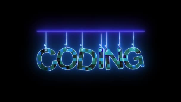 Signo Neón Con Palabra Coding Azul Animado Sobre Fondo Negro — Vídeos de Stock