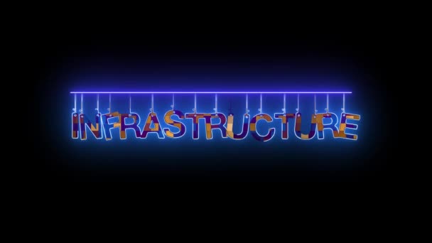 Signo Neón Con Palabra Infraestructura Resplandeciente Fondo Oscuro Animado Azul — Vídeos de Stock