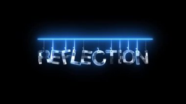 Kelime REFLECTION ile neon işareti mavi ışık parlayan bir ayna etkisi ile karanlık bir arkaplan üzerinde canlandırılmış.