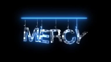 MERCY sözcüğünün yer aldığı neon işareti koyu bir arkaplanda mavi ışıkta parlıyor.
