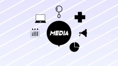 Çizgili bir arkaplanda büyüteç, bilgisayar, takvim, kullanıcı, konum pin, pasta grafiği ve megafonla ilgili simgeler.