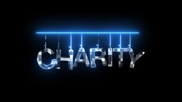Neon Sign Word Charity Illuminated Blue Animated Black Background — Stock Video