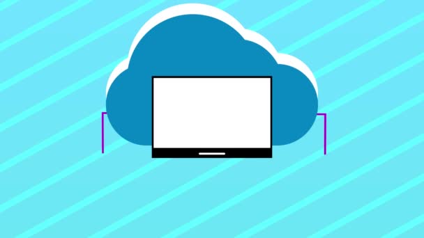带有中央监视器的云计算概念与各种多媒体和技术图标连接在蓝色背景上动画 — 图库视频影像
