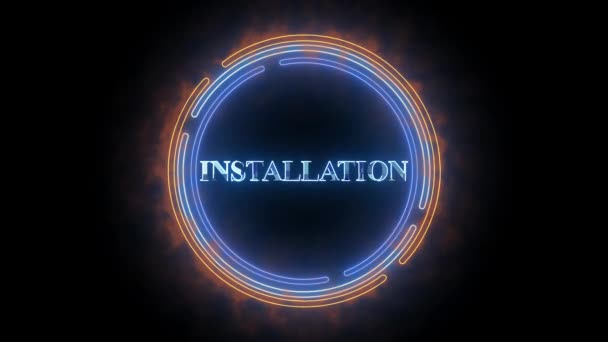 Neon Kreiszeichen Mit Dem Wort Installation Leuchtet Blau Animiert Auf — Stockvideo