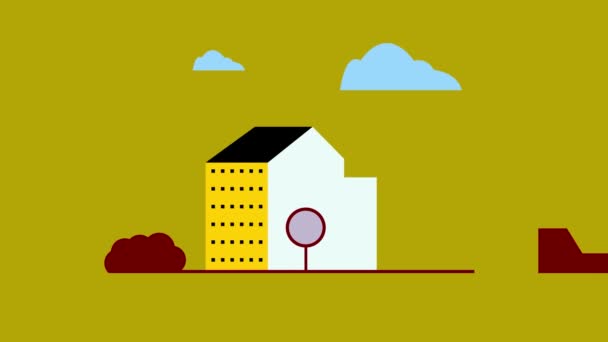 Minimalistyczny Krajobraz Miejski Stylizowanymi Budynkami Chmurami Animowanymi Musztardowym Tle — Wideo stockowe