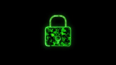 Siyah arkaplanda canlandırılmış dijital ikili kod siber güvenlik kavramına sahip neon yeşil asma kilit.