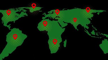Küresel sıcak noktaları gösteren kırmızı konum işaretlerine sahip dünya haritası veya karanlık bir arkaplanda canlandırılmış ilgi noktaları.