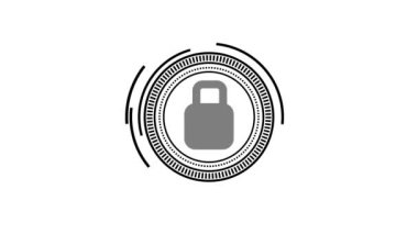 Beyaz zemin üzerinde dairesel çizgiler içinde canlandırılmış siyah asma kilit simgesi.